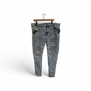 LV Premium Jeans Mens 44x32 Acid Wash Blue Moto Distressed‎ Slim Tapered Denim